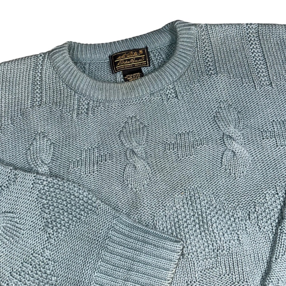 Eddie Bauer Green Cable Knit Cotton Sweater Vintage 90s Fisherman Cottage Mens L